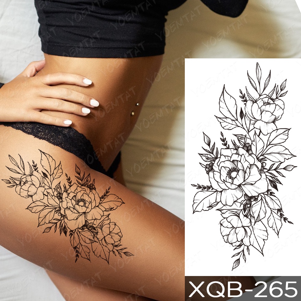 Hình Xăm Dán Tạm Thời Hình Hoa Nhài/Lá/Hoa Hồng Màu Đen Chống Thấm Nước