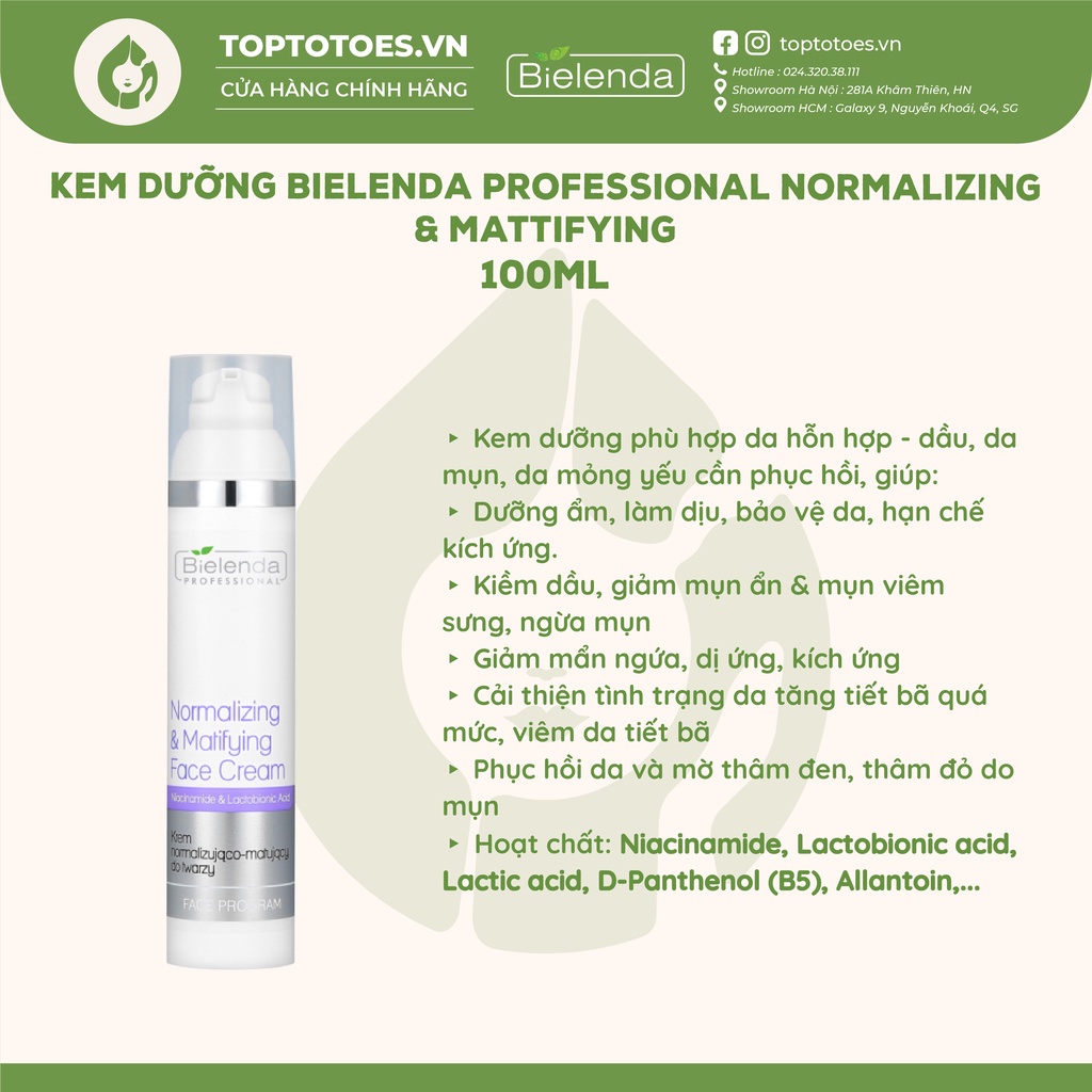 Kem dưỡng Bielenda Professional Normalizing & Mattifying kiềm dầu, ngừa mụn, mờ thâm 100ml