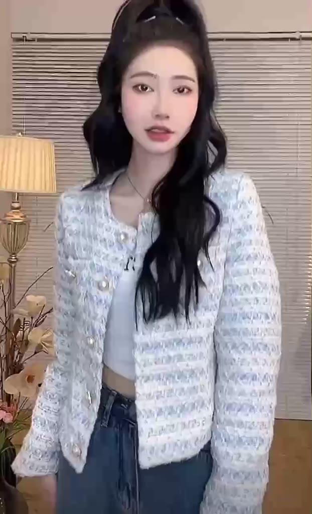 Áo dạ tweed tiểu thư cúc ngọc phối xanh trắng quảng châu cao cấp | BigBuy360 - bigbuy360.vn