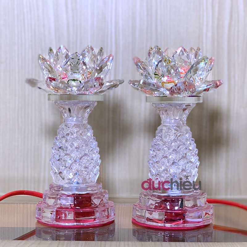 Đèn thờ cúng hoa sen pha lê trái thơm cao 17cm – Đức Hiếu Shop
