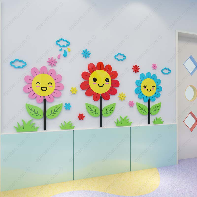 Tranh dán tường mica 3d decor khổ lớn những bông hoa hướng dương trang trí mầm non, phòng cho bé Nhiều Size - EPeBen