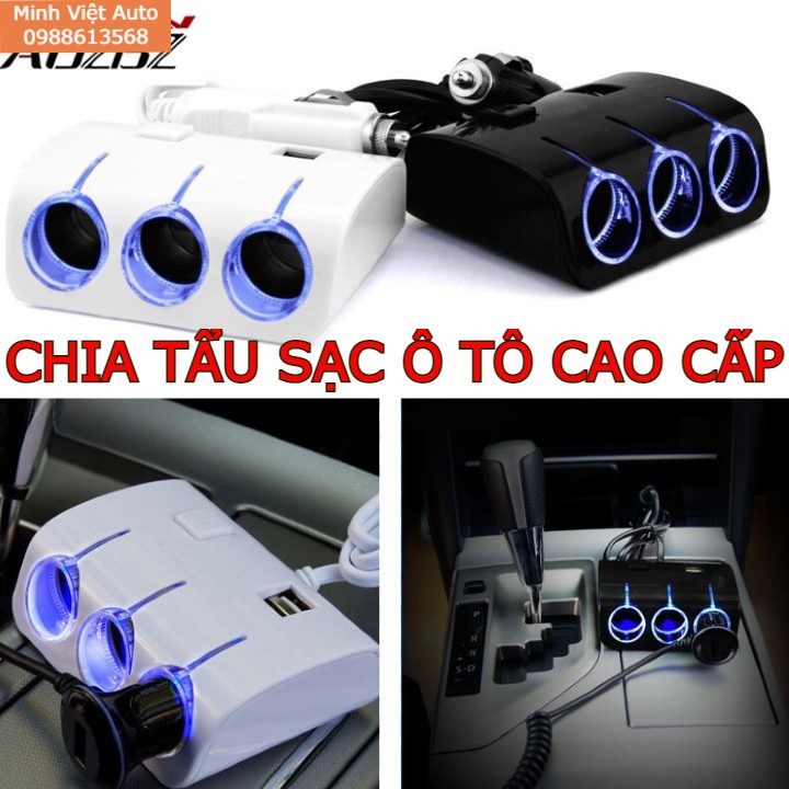 Tẩu chia sạc ô tô,Tẩu chia nguồn 3 ổ và 2 USB hàng cao cấp Olesoon có cầu chì bảo vệ điện an toàn