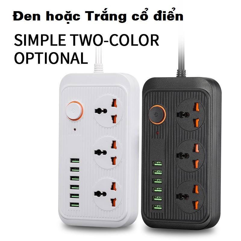 Ổ điện đa năng thông minh 6 cổng USB làm từ vật liệu chống cháy nổ an toàn tuyệt đối, Công tắc an toàn, dây dài 2m