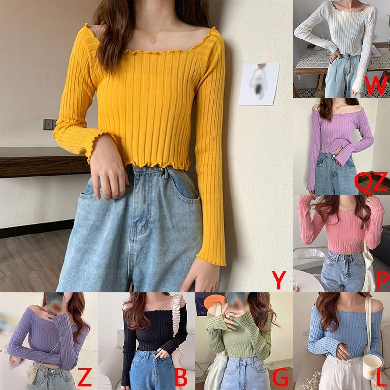 Korean Simple Slimming Square Neck Pit Strip Solid Long Sleeve T-shirt