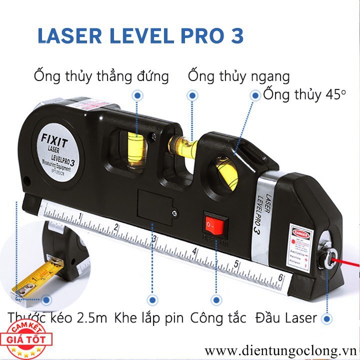 Thước Nivo, Căn Mực Laser Thước Kéo 2,5M 4in1 Laser Level Pro 3