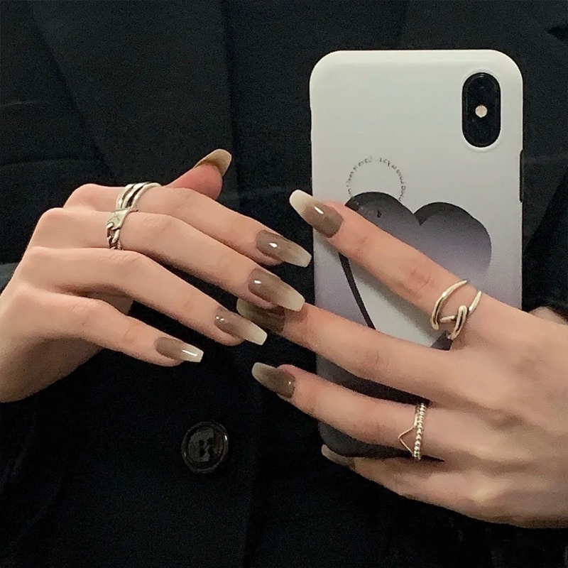 [Hàng mới về]Bộ 24 móng giả form dài ombre nâu siêu cá tính