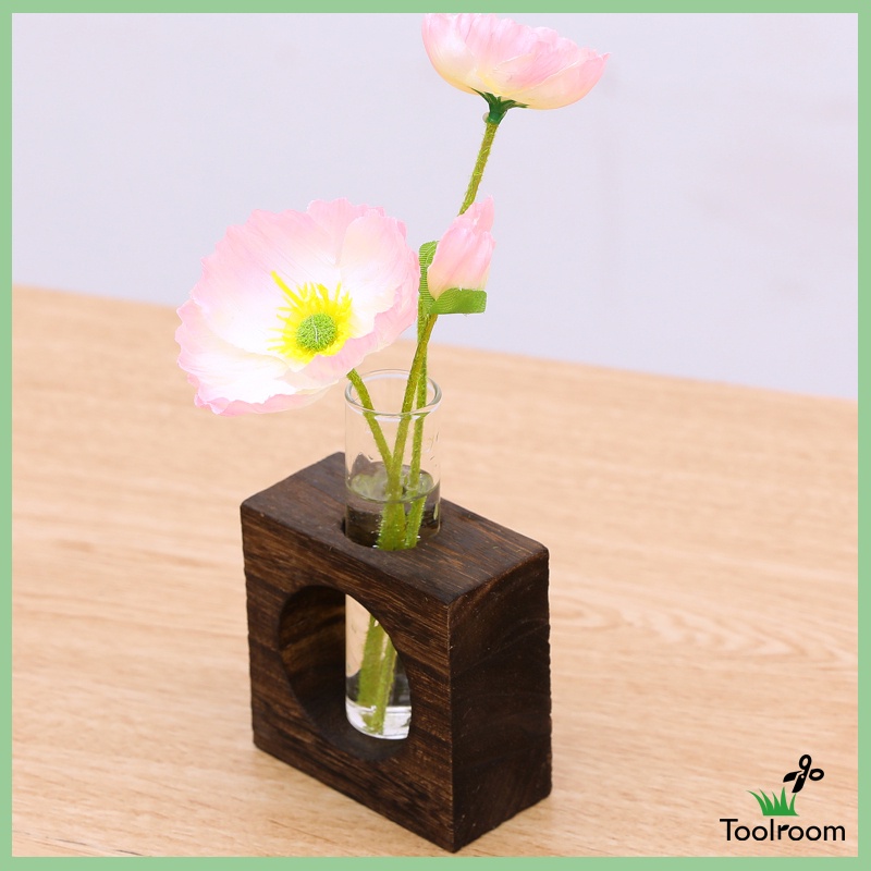 Lọ hoa thủy tinh có bệ đỡ bằng gỗ phong cách nghệ thuật thời trang