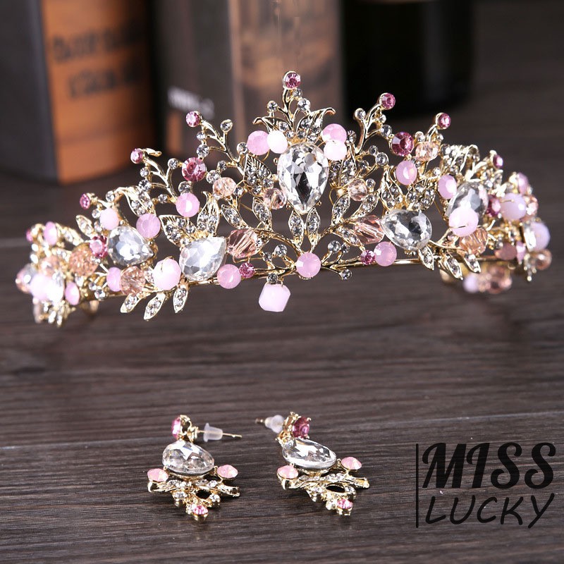 Set 1 vương miện + 1 đôi khuyên tai nữ đính đá thời trang