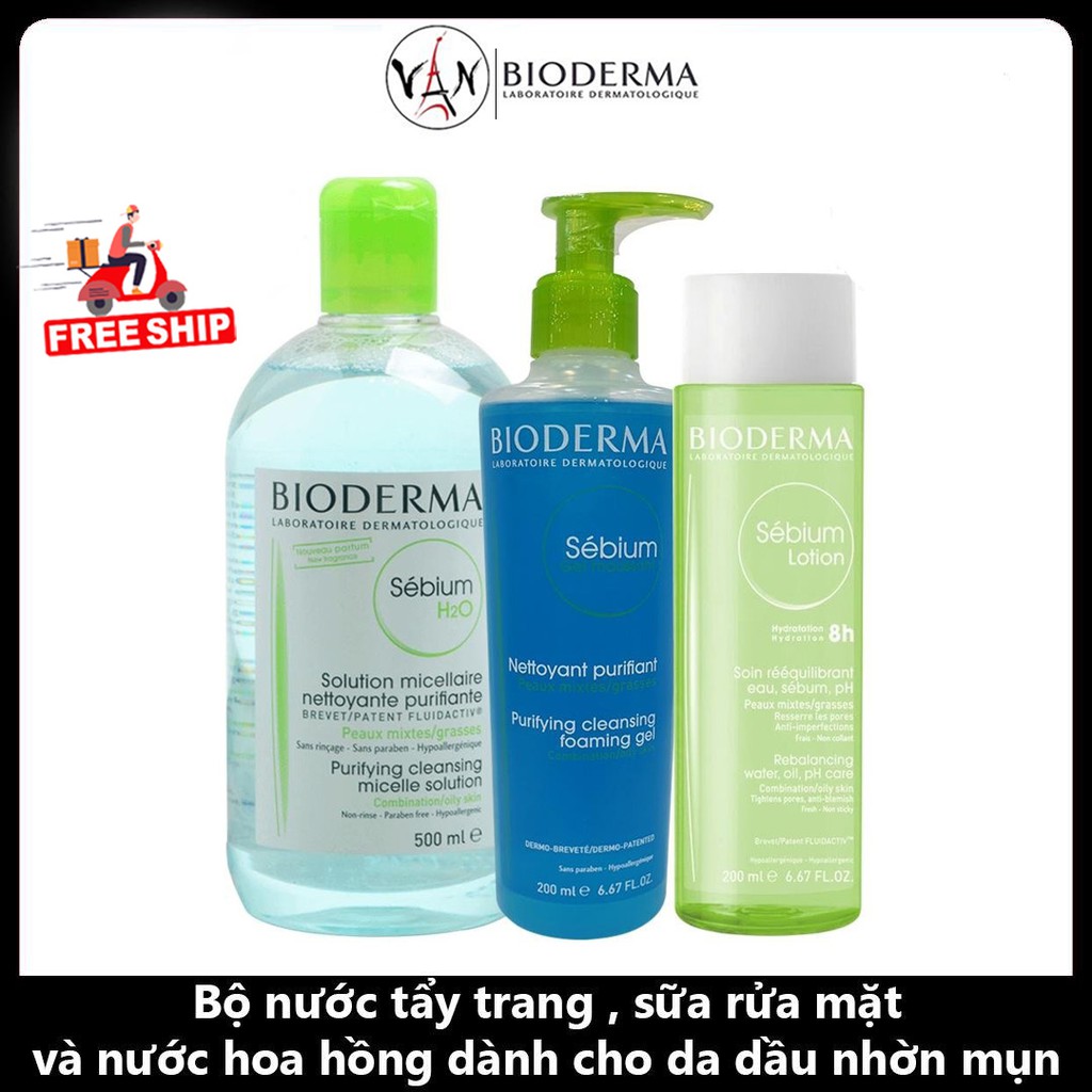 [ Combo Bioderma ] Nước tẩy trang bioderma 500ml, sữa rửa mặt  200ml &amp; nước hoa hồng 200ml dành cho da dầu nhờn mụn