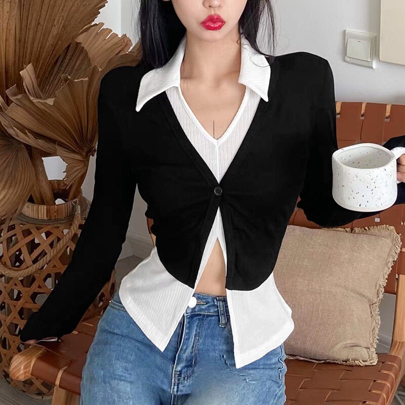 Kliou 2023 Mới Áo thun KLIOU dài tay cổ chữ V phối màu tương phản thời trang dành cho nữ