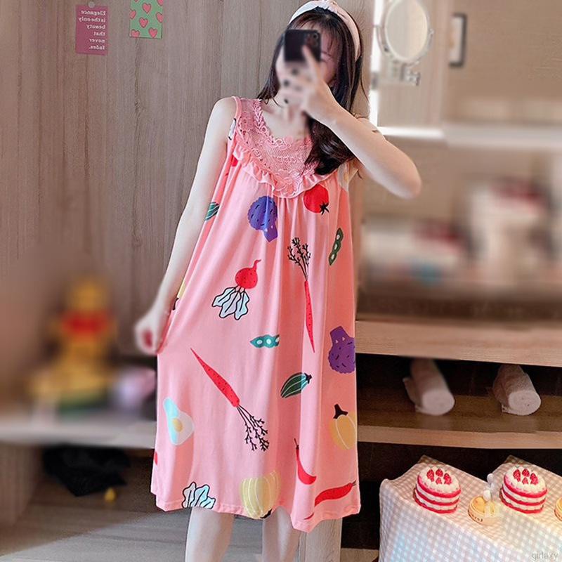 đồ ngủ Không Tay Phối Ren In Họa Tiết Hoạt Hình Phong Cách Hàn Quốc Thời Trang Mùa Hè