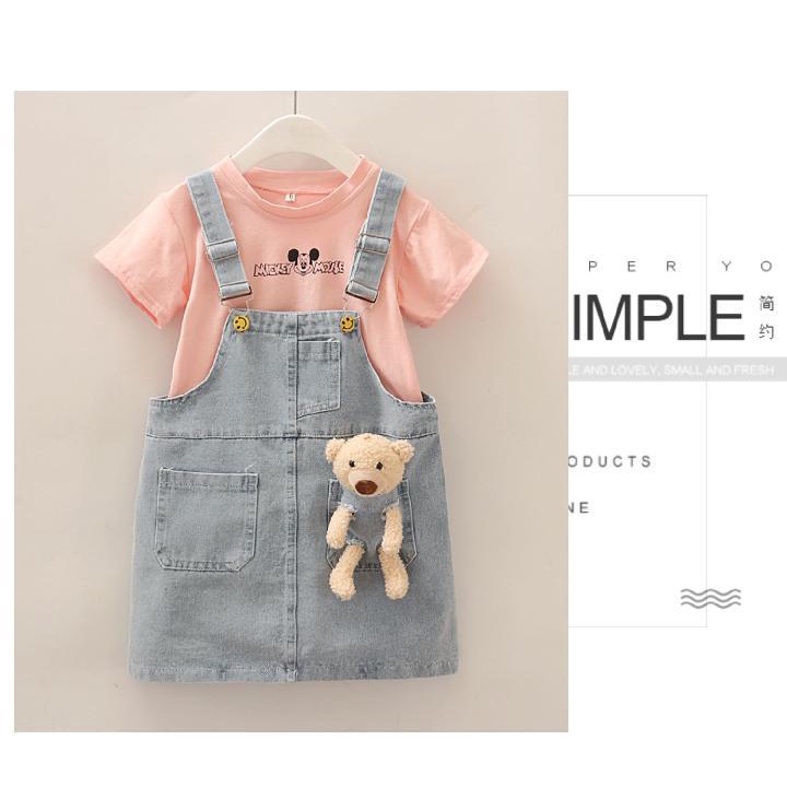 Set Áo Thun Tay Ngắn Phối Chân Váy Yếm denim Thời Trang Hè Hàn Quốc Xinh Xắn Cho Bé Gái