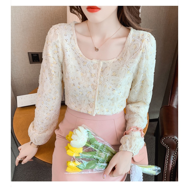 Áo Sơ Mi Tay Dài Phối Lưới In Họa Tiết Hoa Anh Đào Dễ Thương Thời Trang Mùa Thu Phong Cách Hàn Quốc Cho Nữ