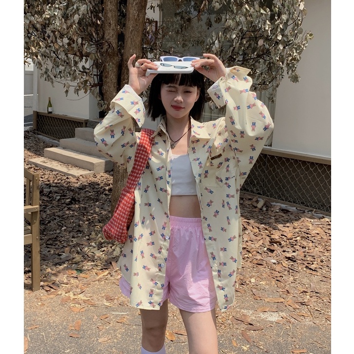 Áo Sơ Mi Tay Dài Dáng Rộng In Họa Tiết Chú Gấu Phong Cách Hàn Quốc Cổ Điển Thời Trang Cho Nữ