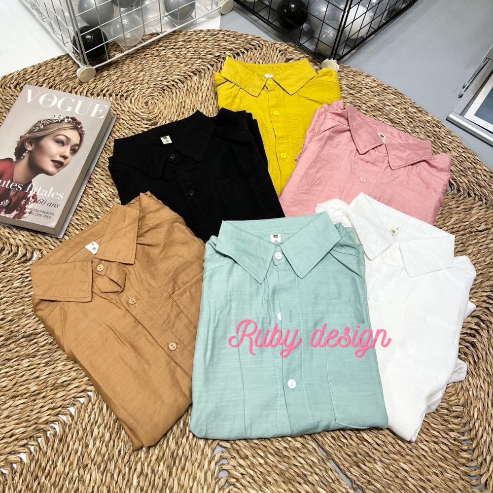 Áo sơ mi kiểu nữ áo sơ mi nữ vải đũi phom rộng túi ngực màu trắng cao cấp phong cách hàn quốc đi chơi công sở RubyShop