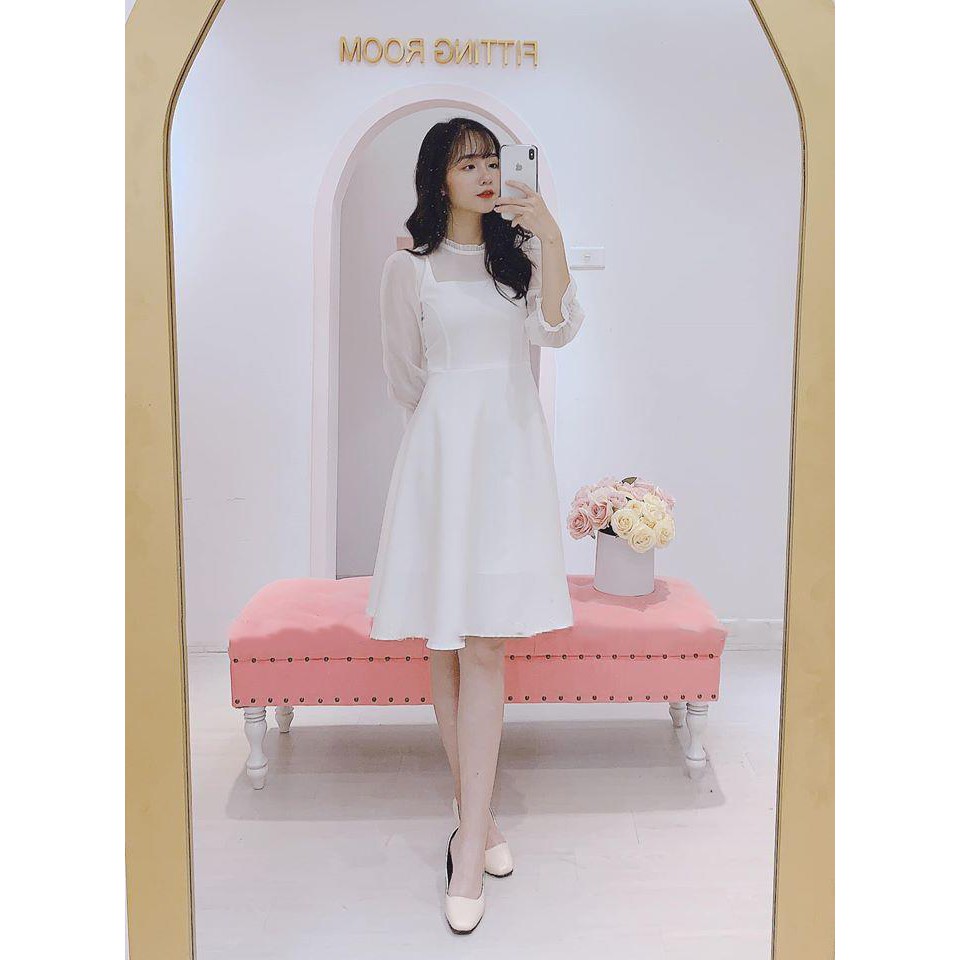 Đầm trắng dự tiệc phối tay voan kín đáo | BigBuy360 - bigbuy360.vn