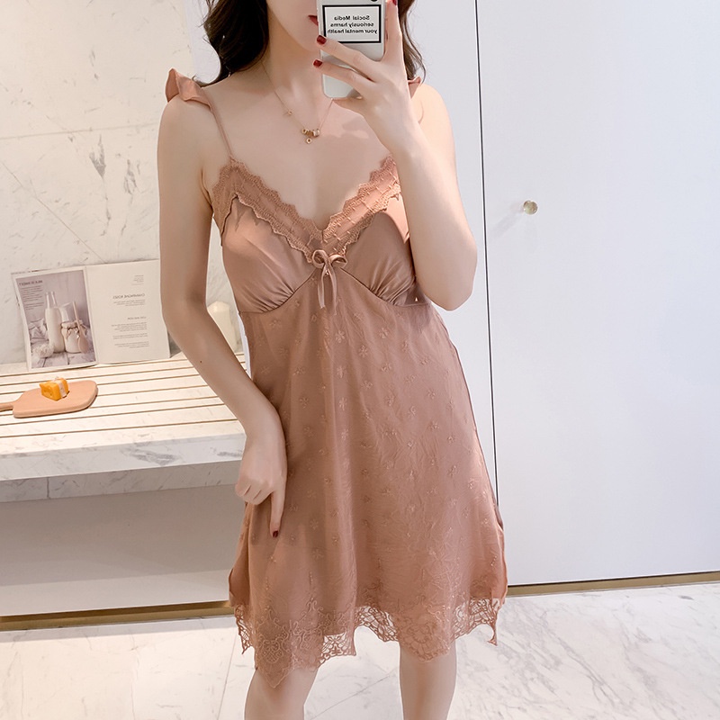 Đầm Ngủ Lụa Phối Ren Có Mút Đệm Ngực Thời Trang Mùa Hè Quyến Rũ Cho Nữ