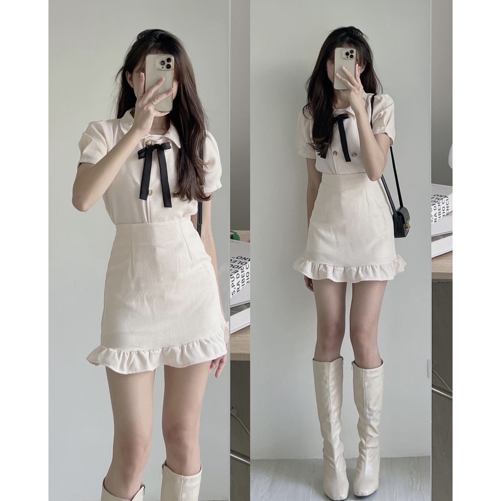 Set áo dạ khuy ngọc thắt nơ đen mix chân váy ngắn chữ A đuôi cá ulzzang