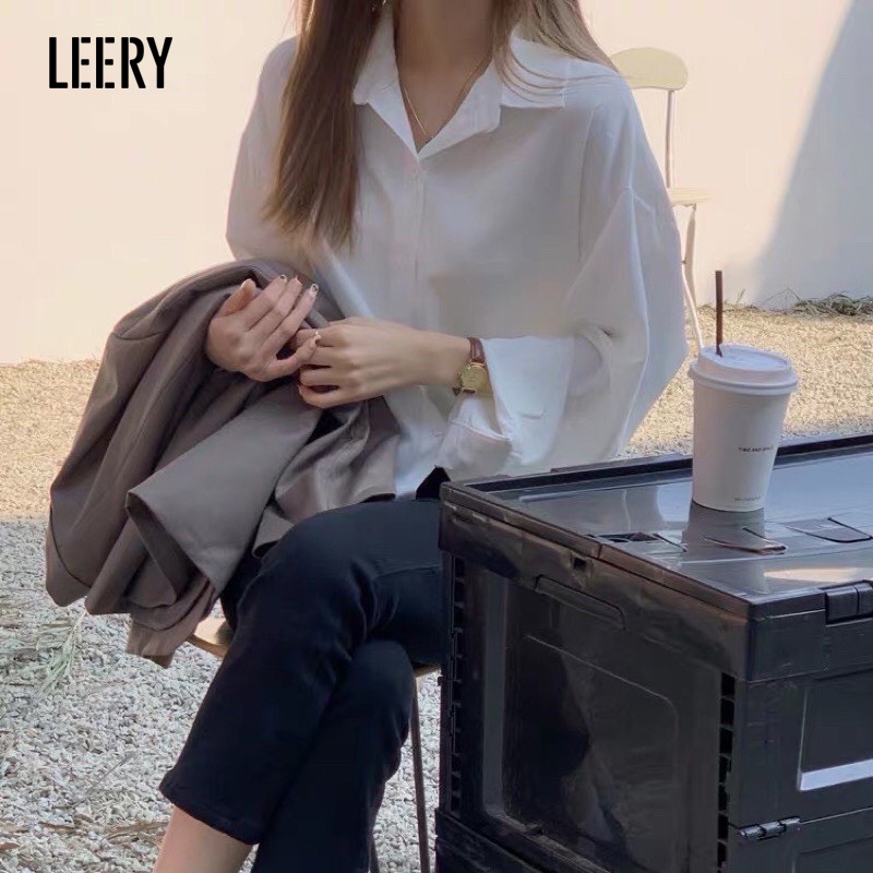 Áo sơ mi nữ công sở Leery form rộng dáng dài unisex kiểu Hàn Quốc chất lụa không nhăn màu Trắng Đen Nâu Rêu Khói SM-10