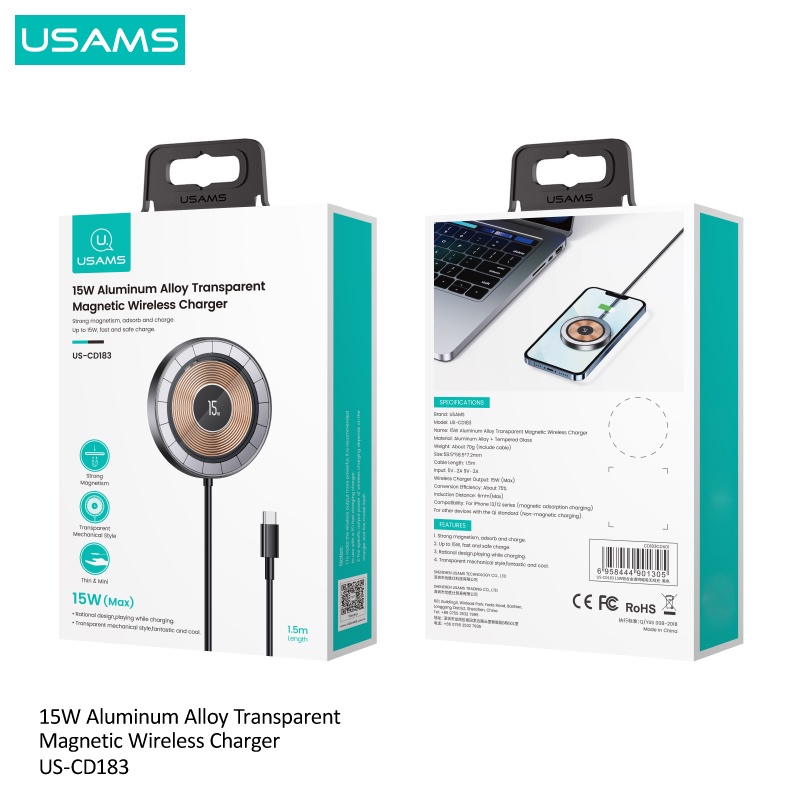 Usams Bộ Sạc Không Dây 15W Bằng Hợp Kim Nhôm Trong Suốt Từ Tính Cho Dòng IP