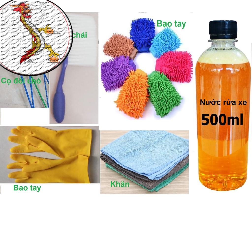 [QUẸO LỰA:Bộ dụng cụ 6 món rửa xe] Bao tay san hô-Cọ đuôi chó-khăn lau xe-bàn chải chà rửa xe-bao tay cao su-nước rửa xe