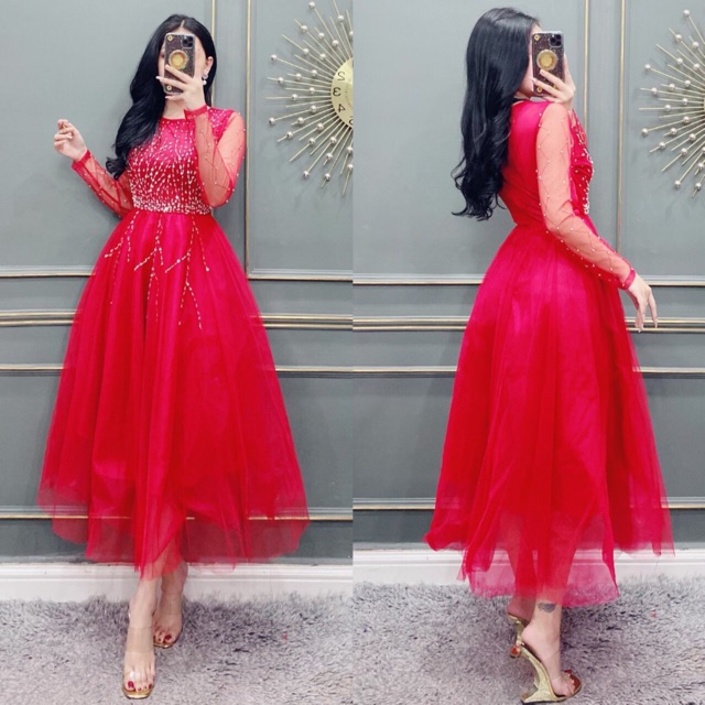 Đầm xoè tay dài công chúa kết chuỗi cườm bằng tay sang trọng TRIPBLE T DRESS - size S/M/L/XL - MS14V