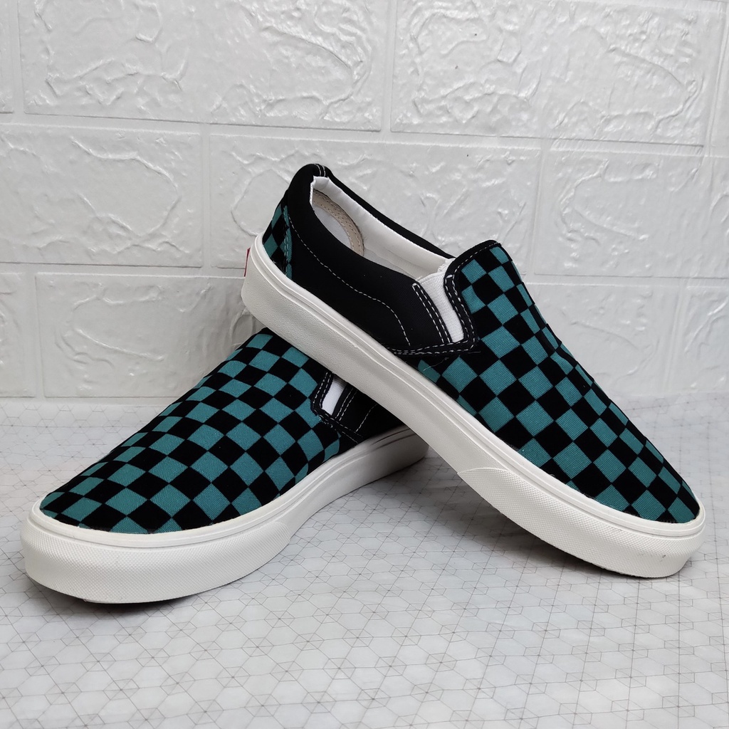 Giày Thể Thao Van Slipon Caro Xanh Đen, Giày Lười Caro Xanh Đen Nam Nữ Fullbox