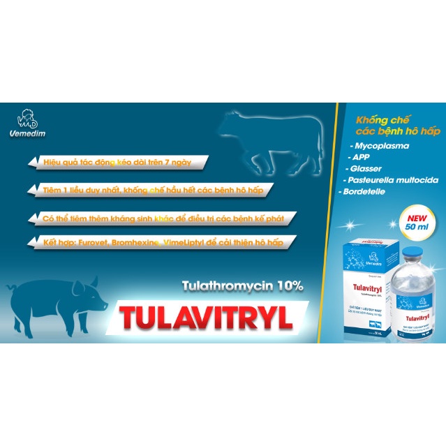 Tulavitryl 20ml. Tiêm 1 liều duy nhất. Viêm phổi, suyễn, Viêm phổi- màng phổi gia súc, gia cầm