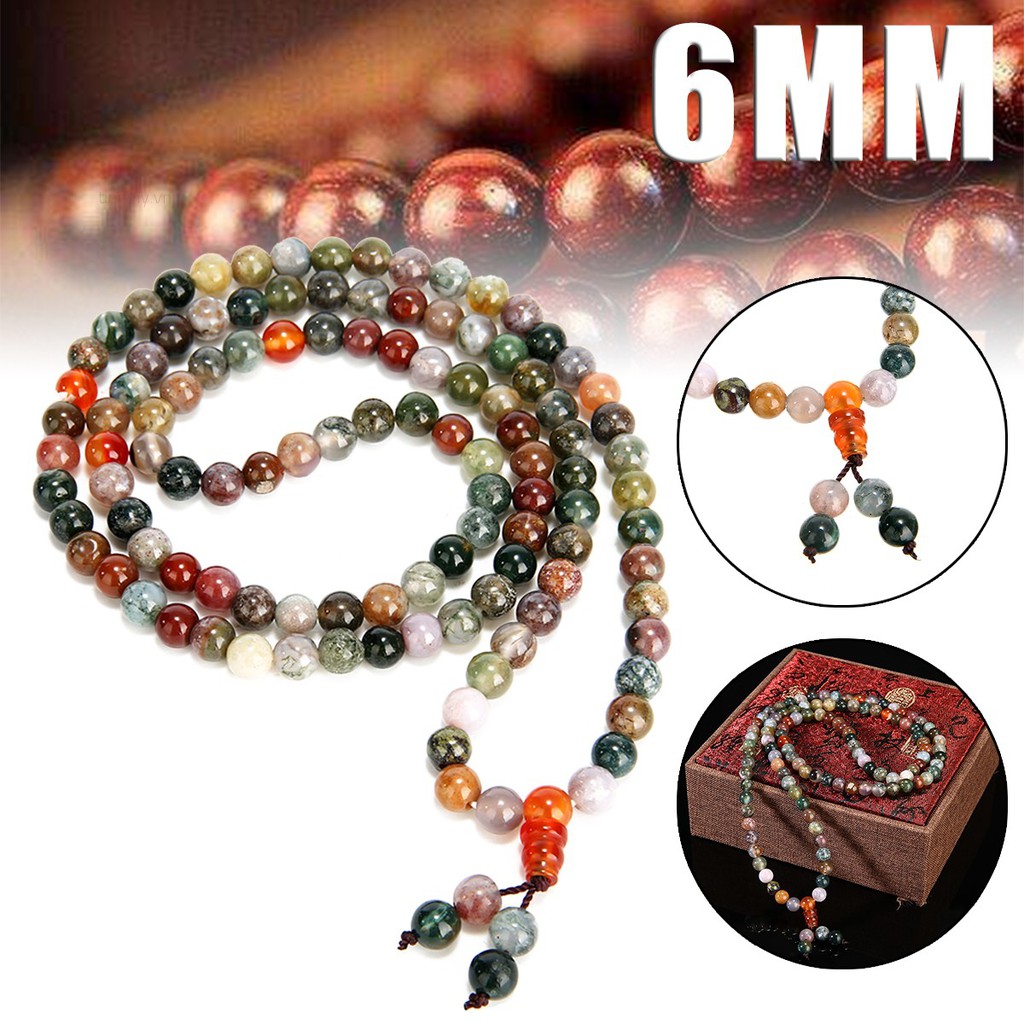 Vòng tay chuỗi 108 hạt đá mã não 6mm phong cách Phật Giáo Tây Tạng