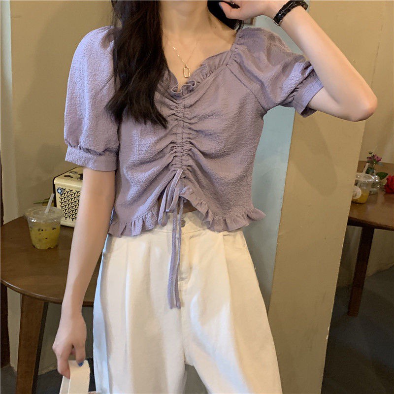 Áo croptop BH tay phồng ngắn cổ chữ V thời trang hè cho nữ