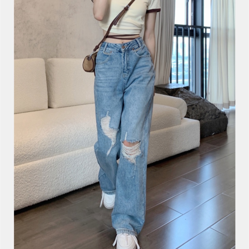 Quần Jean Nữ Lưng Cao Ống Đứng Rách Gối Thời Trang