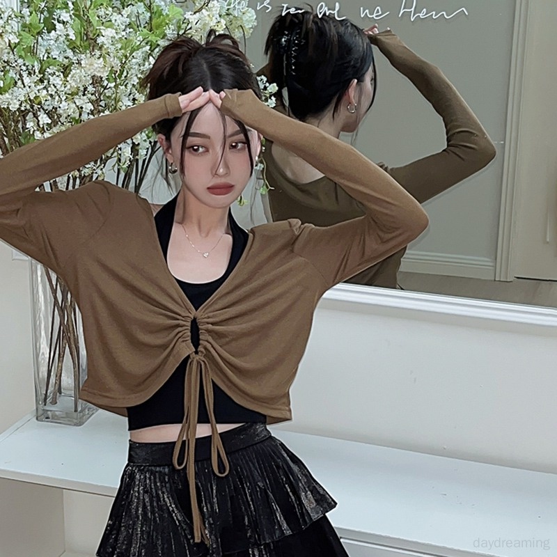 Áo Thun Croptop Dệt Kim Tay Dài Chống Nắng Thiết Kế Dây Rút Phong Cách Hàn Quốc