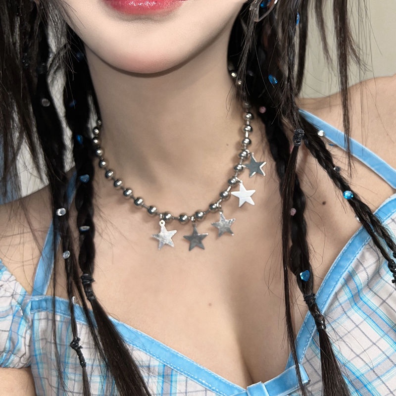 ◐✹Vòng Cổ Choker Mặt Ngôi Sao Năm Cánh Hạt Tròn Lớn Bằng Lụaium Phong Cách Retro Đơn Giản