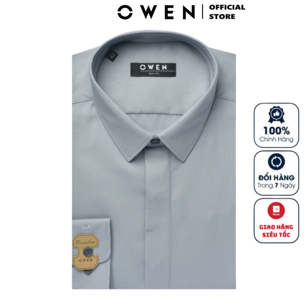 Áo Sơ Mi Nam Dài Tay Owen AS23968D Somi Công Sở Cao Cấp Màu Xanh Ghi Dáng Ôm Không Túi Giấu Cúc Chất Sợi Tre Mềm Mát