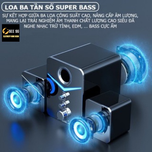 Loa bluetooth loa máy tính D221 âm thanh Super Bass trầm ấm Treble cực đã, có đèn Led nổi jack cắm 3.5mm cho pc,laptop