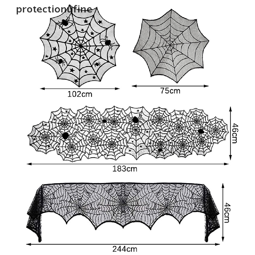 Khăn Trải Bàn PR3VN Hình Mạng Nhện Đầu Lâu Đen Phối Ren Trang Trí Tiệc Halloween
