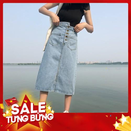 chân váy jean dài chữ A nút -Hàng nhập khẩu