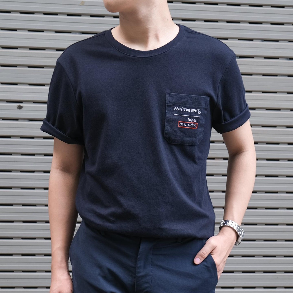 Áo thun nam tay lỡ, áo phông cổ tròn cho nam hình thêu chất liệu vải cotton xuất dư Hàn Quốc