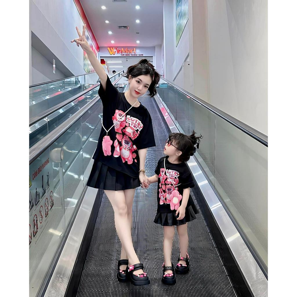Áo thun gấu dâu ô vuông  cho mẹ và bé , áo phông gia đình trẻ em unisex , Kid_genz