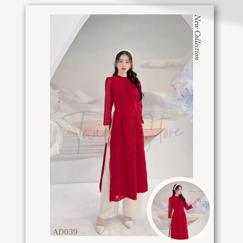Áo dài dáng ôm KÈM QUẦN, áo dài TWINS STORE chất tơ vân hoa nổi phối nơ ngực xinh điệu - AD039