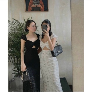 Đầm hai dây cánh tiên chất xốp dáng dài kiểu xoắn ngực hở bụng siêu tôn dáng