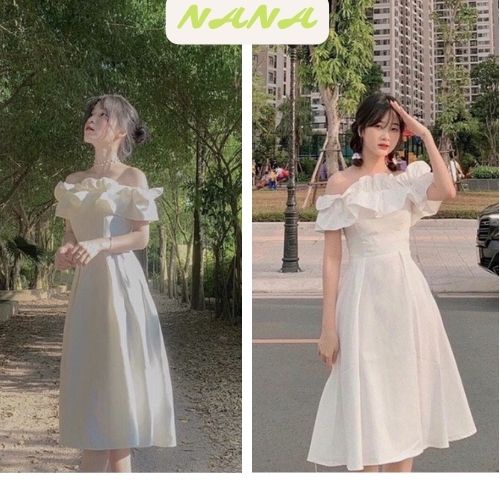Đầm trễ vai bèo ngực dáng dài / Váy hở vai nữ thiết kế tay bồng bánh bèo xinh xắn màu trắng dễ phối đồ Nanashop