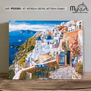 Tranh tự tô màu sơn dầu số hóa PC0392 Tranh phong cảnh Santorini biển Địa Trung Hải