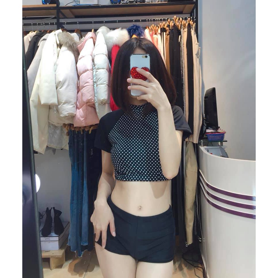 Bikini 2 mảnh áo cộc tay chấm bi mặc đi biển đẹp ( Ảnh chụp thật 100%)