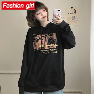 Áo Hoodie Tay Dài Dáng Rộng Màu Đen Phong Cách Harajuku Hàn Quốc Thời Trang Mùa Thu Cho Nữ