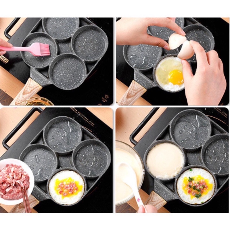 Chảo Chiên Rán Trứng Làm Bánh 4 Ngăn 4 Ô Chống Dính - Chống Dính Tay Cầm Cán Gỗ Chống Nóng