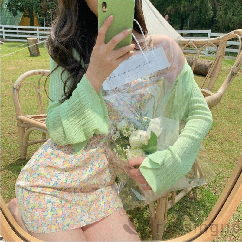 Áo Dệt Kim Tay Dài Cổ Chữ V Màu Sắc Đơn Giản Cho Nữ