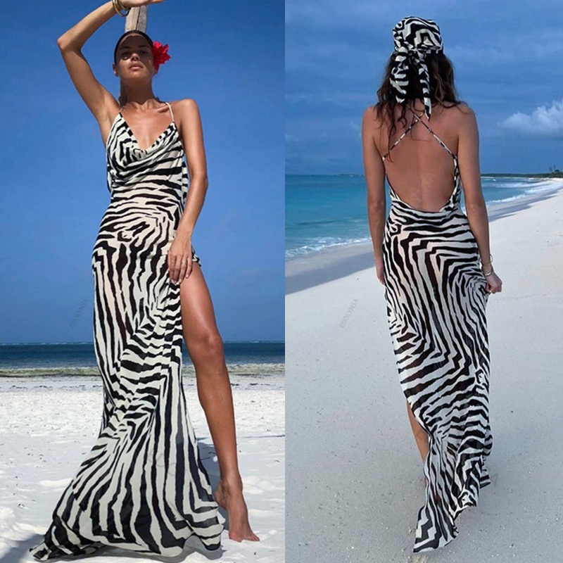 Đầm Maxi Hai Dây Hở Lưng Họa Tiết Ngựa Vằn Phong Cách Boho Quyến Rũ Dành Cho Nữ