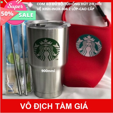 FREESHI🌺🌺Ly giữ nhiệt Thái lan starbuck 900ml (kèm túi kèm ống hút)🧚🧚 (màu ngẫu nhiên)- 2 lớp INOX 304 cao cấp😻😻😻