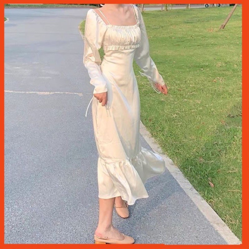 Váy dự tiệc Đầm lụa nữ đuôi cá tay phồng Hàn Quốc | BigBuy360 - bigbuy360.vn